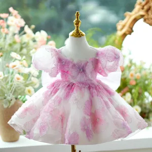 Chic Belle Rougissant Rose Appliques Perlage Courte Anniversaire Robe Ceremonie Fille 2024 Robe Boule Encolure Dégagée Gonflée Manches Courtes Dos Nu Tulle