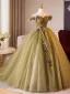 Elegant Clover Green Appliques Tassel Prom Dresses 2024 Ball Gown Off-The-Shoulder Sleeveless Backless Floor-Length / Long Prom Formal Dresses