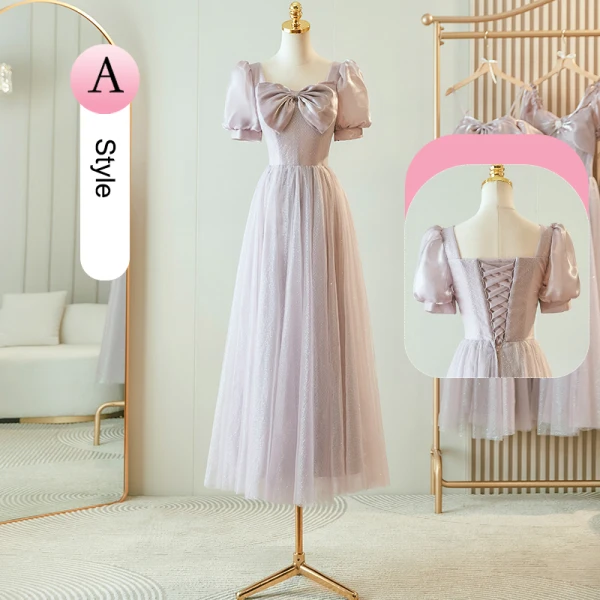Simple Lavande Robe Demoiselle D'honneur 2023 Princesse Encolure Carrée Noeud Gonflée Manches Courtes Dos Nu Longue Robe Demoiselle D'honneur