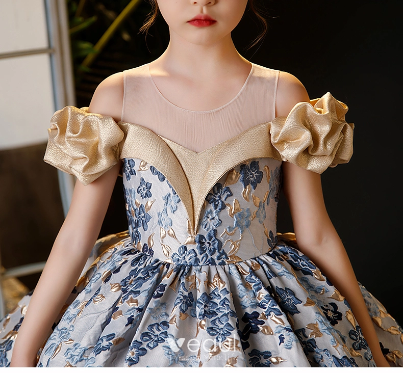 Elegantes Azul Cielo Impresion Cumpleanos Vestidos para ninas 2024 Ball Gown Scoop Escote Ruffle Manga Corta