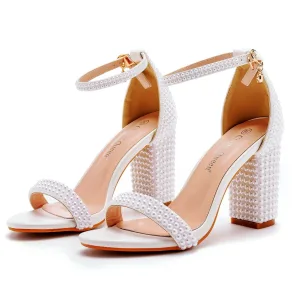 Sexy Blanche Perle Chaussure De Mariée 2024 9 Cm Talons Épais Bride Cheville Peep Toes Bout Ouvert Mariage Talons Hauts