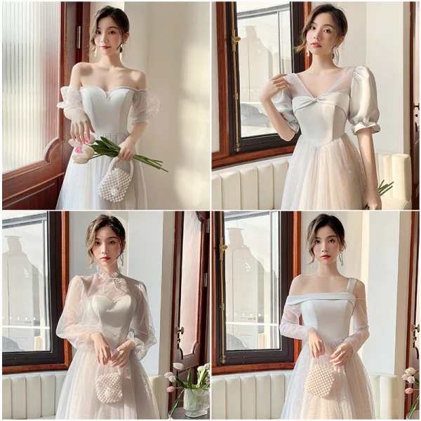Modest / Simple Grey Spotted Bridesmaid Dresses 2022 A-Line / Princess Puffy Short Sleeve Backless Floor-Length / Long Bridesmaid Formal Dresses Bridesmaid Dresses