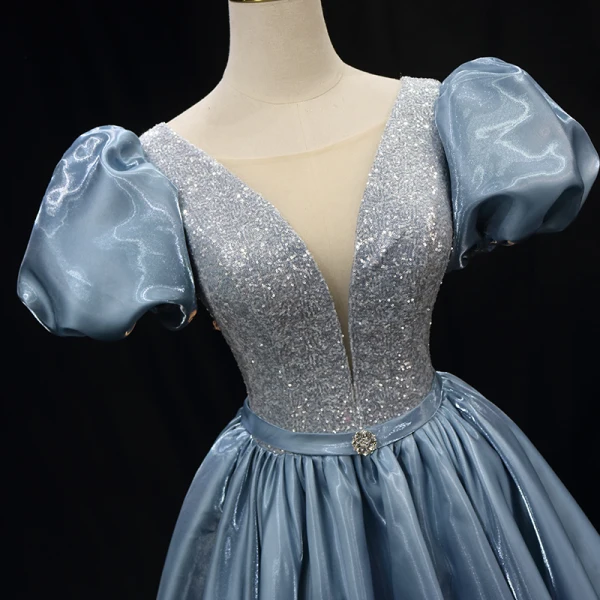 Chic / Beautiful Sky Blue Sequins Prom Dresses 2023 Ball Gown Satin Scoop Neck Puffy Short Sleeve Backless Rhinestone Sash Floor-Length / Long Prom Formal Dresses