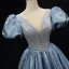 Chic / Beautiful Sky Blue Sequins Prom Dresses 2023 Ball Gown Satin Scoop Neck Puffy Short Sleeve Backless Rhinestone Sash Floor-Length / Long Prom Formal Dresses