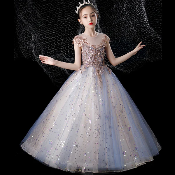 Charmant Bleu Ciel Perlage Étoile Paillettes Anniversaire Robe Ceremonie Fille 2022 Robe Boule Encolure Dégagée Sans Manches Dos Nu Longue Robe Ceremonie Fille