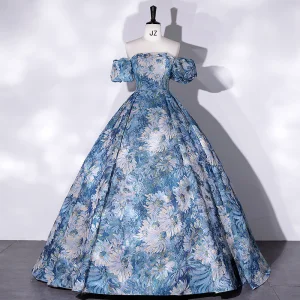Élégant Bleu Impression Robe De Bal 2022 Robe Boule De L Épaule Manches Courtes Dos Nu Longue Promo Robe De Ceremonie