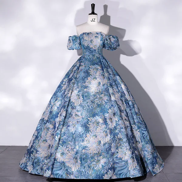 Elegant Pool Blue Printing Prom Dresses 2022 Ball Gown Off-The-Shoulder Short Sleeve Backless Floor-Length / Long Prom Formal Dresses