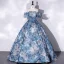 Elegant Pool Blue Printing Prom Dresses 2022 Ball Gown Off-The-Shoulder Short Sleeve Backless Floor-Length / Long Prom Formal Dresses