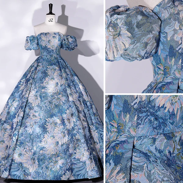 Elegant Pool Blue Printing Prom Dresses 2022 Ball Gown Off-The-Shoulder Short Sleeve Backless Floor-Length / Long Prom Formal Dresses