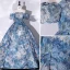 Elegant Pool Blue Printing Prom Dresses 2022 Ball Gown Off-The-Shoulder Short Sleeve Backless Floor-Length / Long Prom Formal Dresses