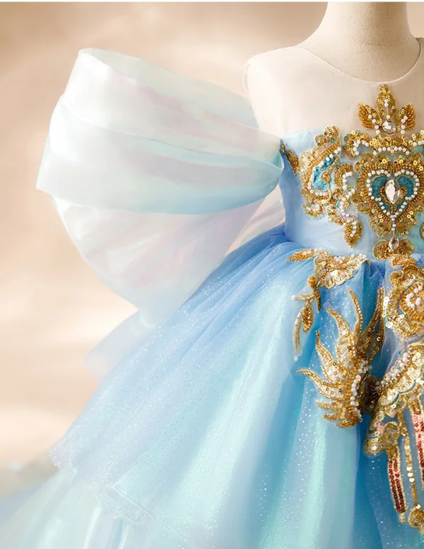 Classy Sky Blue Beading Pearl Sequins Cascading Ruffles Birthday Flower Girl Dresses 2024 Ball Gown Off-The-Shoulder Puffy Short Sleeve Backless Sweep Train Flower Girl Dresses