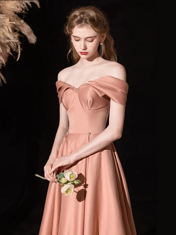 Elegant Nude Satin Prom Dresses 2025 A-Line / Princess Off-The-Shoulder Sleeveless Backless Floor-Length / Long Prom Formal Dresses