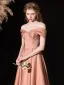 Elegant Nude Satin Prom Dresses 2025 A-Line / Princess Off-The-Shoulder Sleeveless Backless Floor-Length / Long Prom Formal Dresses
