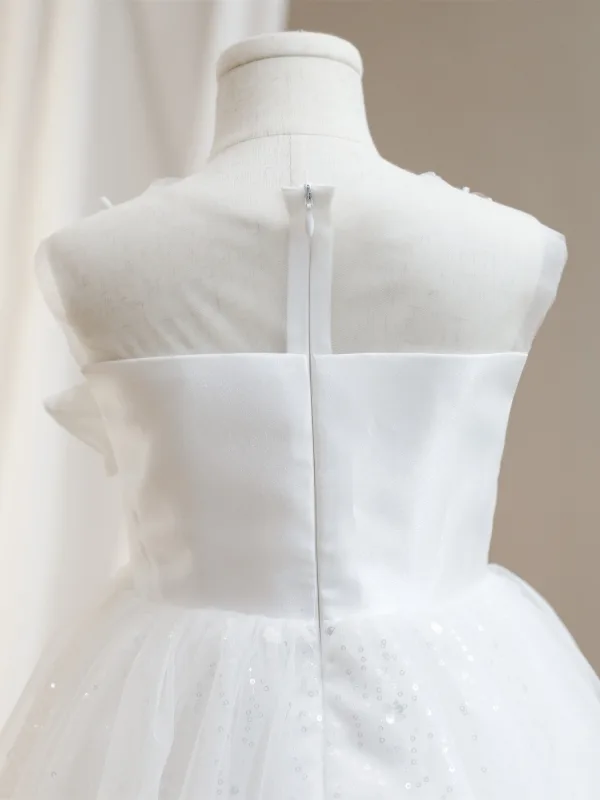 Chic / Beautiful White Short Beading Appliques Sequins Birthday Flower Girl Dresses 2024 Ball Gown Scoop Neck Sleeveless Tulle