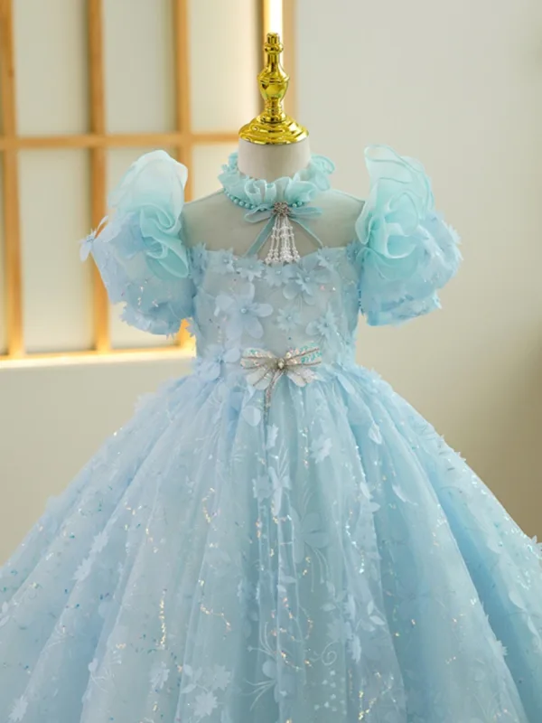 Chic / Beautiful Sky Blue Pearl Tassel Sequins Appliques Birthday Flower Girl Dresses 2023 Ball Gown High Neck Puffy Short Sleeve Backless Floor-Length / Long