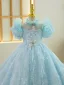 Chic / Beautiful Sky Blue Pearl Tassel Sequins Appliques Birthday Flower Girl Dresses 2023 Ball Gown High Neck Puffy Short Sleeve Backless Floor-Length / Long