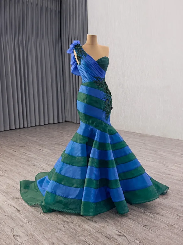 Haut de Gamme Deux tons Océan Bleu En Dentelle Fleur Appliques Robe De Bal 2025 Trompette / Sirène Une épaule Sans Manches Dos Nu Train De Balayage Tulle Robe De Ceremonie