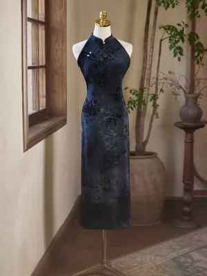 Chiński Styl Vintage Granatowe Druk Wieczorowe Cheongsam 2025 Syrena Rozkloszowane Wysokiej Szyi Bez Rękawów Długość Herbaty Cheongsam