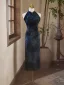 Chinese style Vintage / Retro Navy Blue Printing Evening Party Cheongsam 2025 Trumpet / Mermaid High Neck Sleeveless Tea-length Cheongsam / Qipao