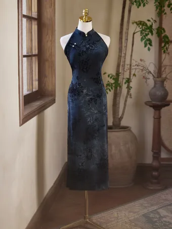 Estilo Chino Vintage Marino Oscuro Impresión Noche Cheongsam 2025 Trumpet Mermaid Cuello Alto Sin Mangas Té De Longitud Cheongsam