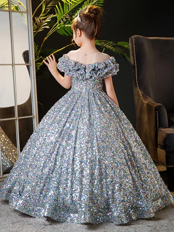 Sparkly Multi-Colors Sequins Birthday Flower Girl Dresses 2024 Ball Gown Scoop Neck Short Sleeve Floor-Length / Long