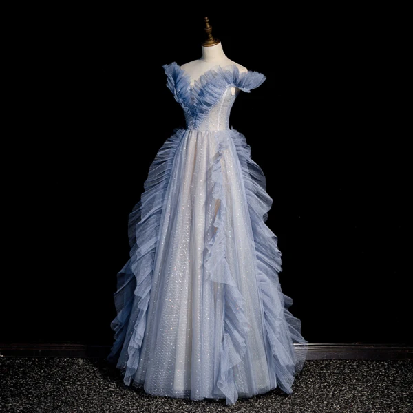 Fashion Sky Blue Ruffle Prom Dresses 2022 A-Line / Princess Off-The-Shoulder Sequins Pearl Short Sleeve Backless Floor-Length / Long Prom Formal Dresses