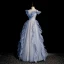 Fashion Sky Blue Ruffle Prom Dresses 2022 A-Line / Princess Off-The-Shoulder Sequins Pearl Short Sleeve Backless Floor-Length / Long Prom Formal Dresses