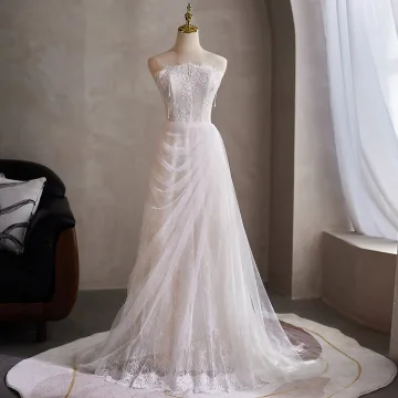 Enkel Hvit Perle Blonder Blomst Brudekjoler 2026 Prinsesse Strapless Uten Ermer Ryggløse Lange Bryllup