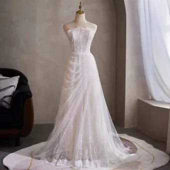 Schlicht Weiß Perle Spitze Blumen Brautkleider Hochzeitskleider 2026 A Linie Bandeau Ärmellos Rückenfreies Lange Hochzeit