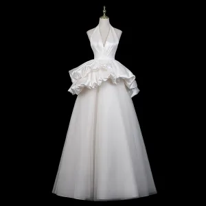 Simple Blanche Volants En Cascade Robe De Mariée 2026 Princesse Titulaire Sans Manches Dos Nu Longue Tulle