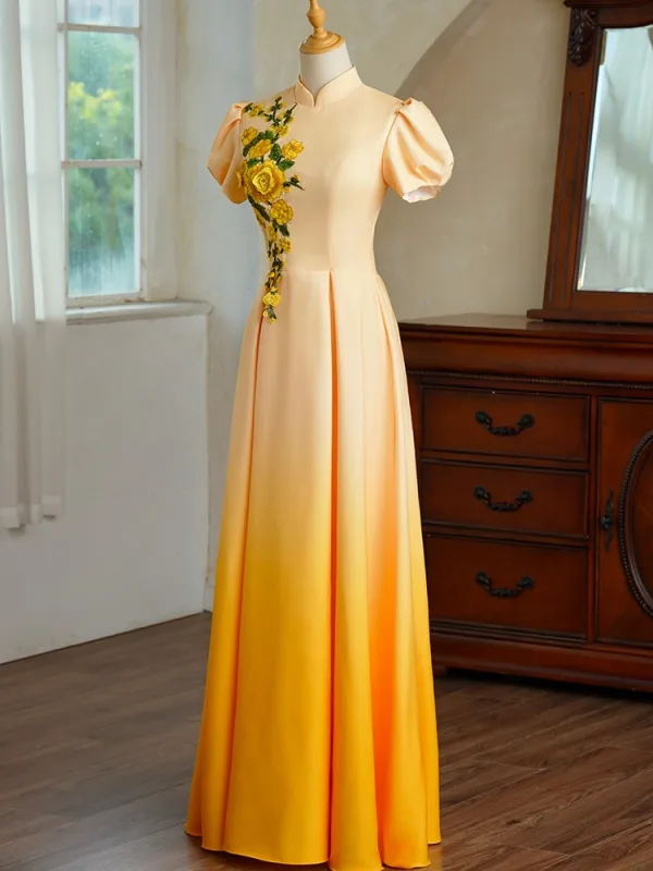 Vintage / Retro Gradient-Color Yellow Lace Flower Prom Dresses 2025 A-Line / Princess High Neck Short Sleeve Floor-Length / Long Prom Formal Dresses