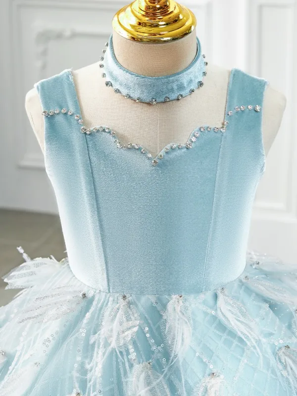 Elegant Sky Blue Beading Sequins Tassel Birthday Flower Girl Dresses 2024 Ball Gown Square Neckline Sleeveless Backless Floor-Length / Long