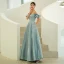 Modest / Simple Sky Blue Prom Dresses 2022 A-Line / Princess Off-The-Shoulder Puffy Short Sleeve Backless Floor-Length / Long Prom Formal Dresses