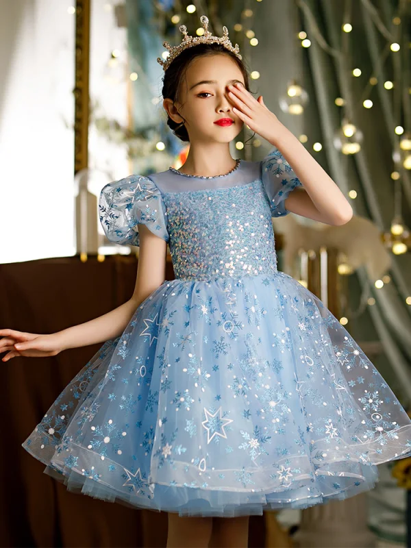 Sparkly Sky Blue Star Sequins Short Flower Girl Dresses 2022 Short Sleeve A-Line / Princess Scoop Neck Prom