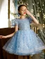 Sparkly Sky Blue Star Sequins Short Flower Girl Dresses 2022 Short Sleeve A-Line / Princess Scoop Neck Prom