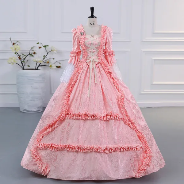 Vintage / Retro Medieval Champagne Lace Flower Ruffle Prom Dresses 2025 Ball Gown Square Neckline Bat Sleeve Backless Floor-Length / Long Formal Dresses