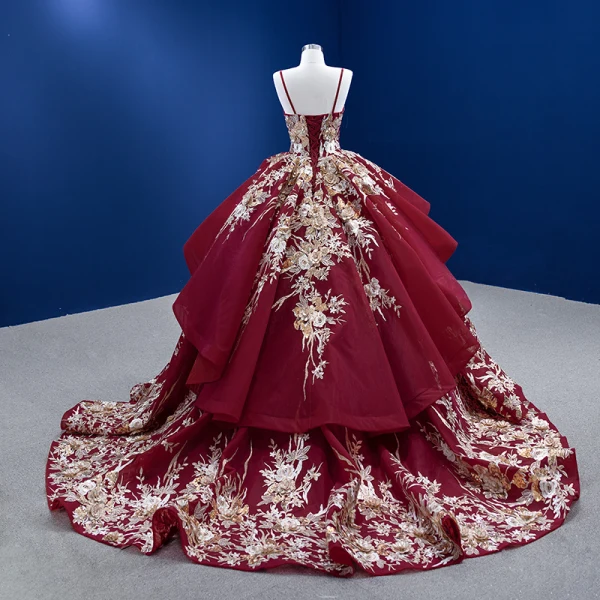 High-end Vintage / Retro Burgundy Sequins Lace Flower Prom Dresses 2022 Ball Gown Cascading Ruffles Spaghetti Straps Sleeveless Backless Chapel Train Prom