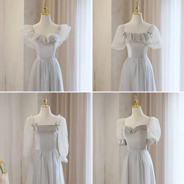 Simple Gris Robe Demoiselle D'honneur 2023 Princesse Encolure Carrée Manches Courtes Dos Nu Thé Longueur Robe Demoiselle D'honneur