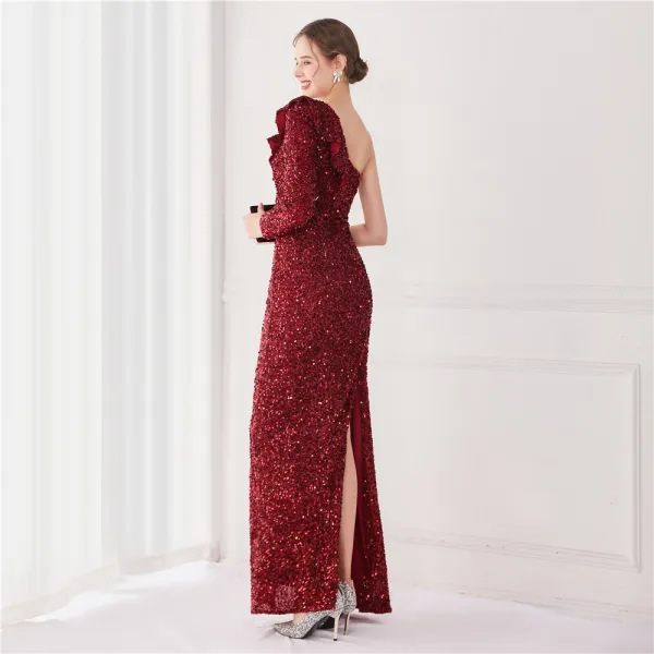 Sexy Lindgrün Pailletten Abendkleider 2022 Meerjungfrau One-Shoulder Lange Ärmel Rückenfreies Lange Gespaltete Front Abend Festliche Kleider