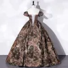 Vintage / Retro Brown Printing Prom Dresses 2022 Ball Gown Strapless Short Sleeve Backless Floor-Length / Long Prom Formal Dresses