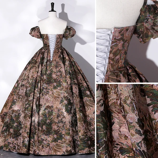 Vintage / Retro Brown Printing Prom Dresses 2022 Ball Gown Strapless Short Sleeve Backless Floor-Length / Long Prom Formal Dresses