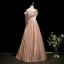 Sparkly Champagne Beading Sequins Tassel Prom Dresses 2024 A-Line / Princess Off-The-Shoulder Short Sleeve Backless Floor-Length / Long Prom Formal Dresses