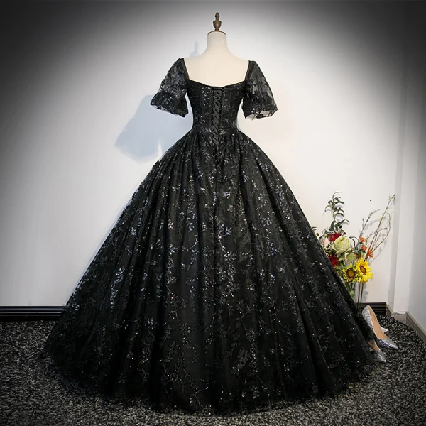 Chic / Belle Noire Perlage Paillettes Robe De Bal 2023 Robe Boule Encolure Carrée Manches Courtes Dos Nu Longue Promo Robe De Ceremonie