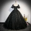 Chic / Belle Noire Perlage Paillettes Robe De Bal 2023 Robe Boule Encolure Carrée Manches Courtes Dos Nu Longue Promo Robe De Ceremonie