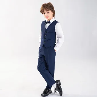 Long Sleeve Navy Blue Wedding Boys Wedding Suits 2025 Pants Shirt Tie Vest