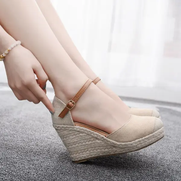 Chic / Beautiful Beige Street Wear Braid Womens Sandals 2022 9 cm Wedges Round Toe Womens Sandals