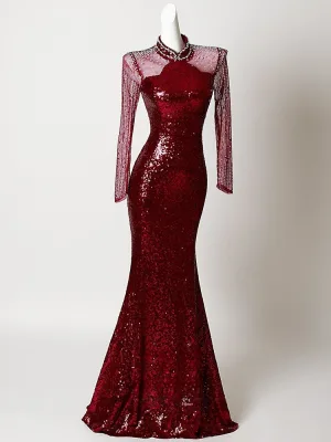 Sparkly Sexy Burgunder Paljetter Rhinestone Selskapskjoler 2026 Trompet Havfrue Høy Hals Langermede Lange Formelle Kjoler