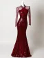 Sparkly Sexy Burgundy Sequins Rhinestone Evening Dresses 2026 Trumpet / Mermaid High Neck Long Sleeve Floor-Length / Long Formal Dresses
