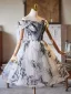 Chic / Beautiful Black Printing Short Homecoming Graduation Dresses 2025 Ball Gown Off-The-Shoulder Short Sleeve Backless