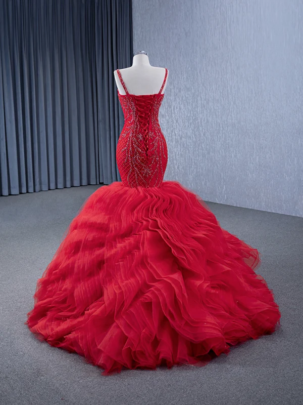 Haut de Gamme Rouge Fait main Perlage Paillettes Robe De Soirée 2024 Trompette / Sirène Bretelles Spaghetti Sans Manches Dos Nu Longue Soirée Robe De Ceremonie
